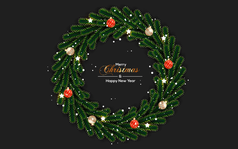 Merry Christmas wreath with decorations isolated on color background with pine branches and ball Illustration