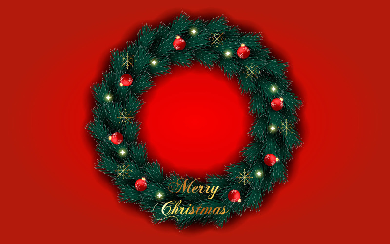 Merry Christmas wreath with decorations isolated on color background with pine branches Illustration
