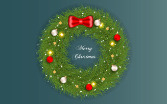 Merry Christmas wreath with decorations on color background with balls