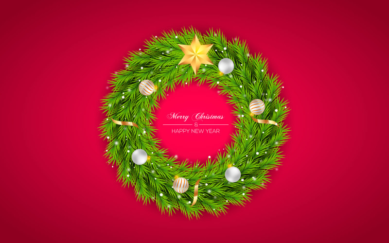 Realistic christmas wreath design decoration with pine branch and christmas ball Illustration