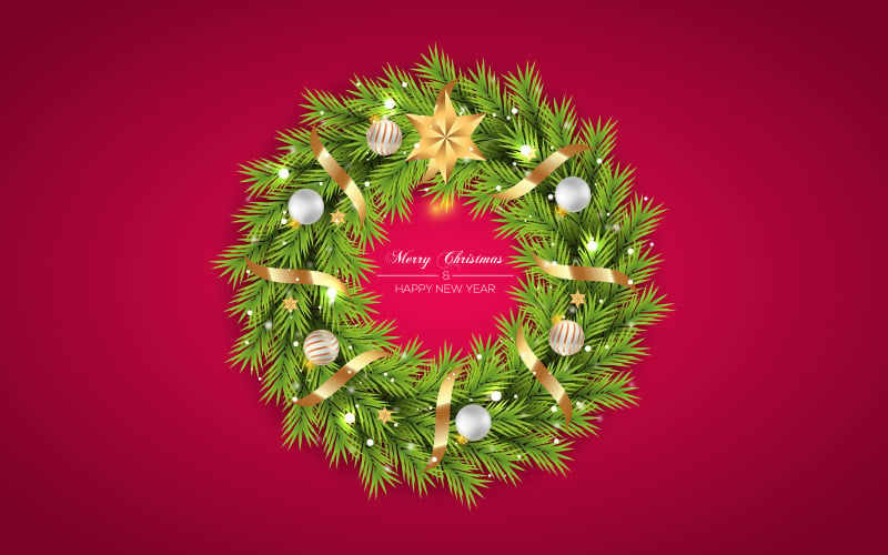 Realistic christmas wreath template decoration pine branch and christmas ball Illustration