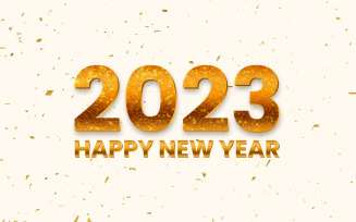 Beautiful and realistic happy new year 2023 golden 3d elements with confetti background