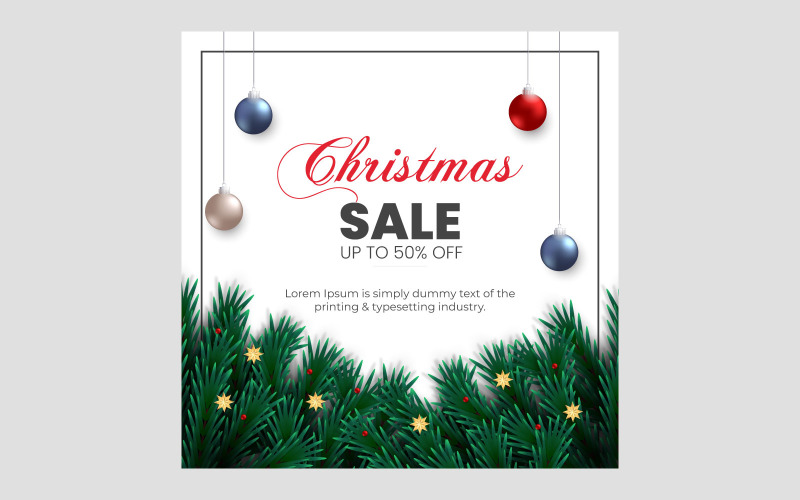 Christmas sale post decoration with christmas balls pine branch and star Illustration