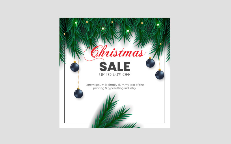 Merry Christmas sale post decoration with christmas ball pine branch and stars Illustration