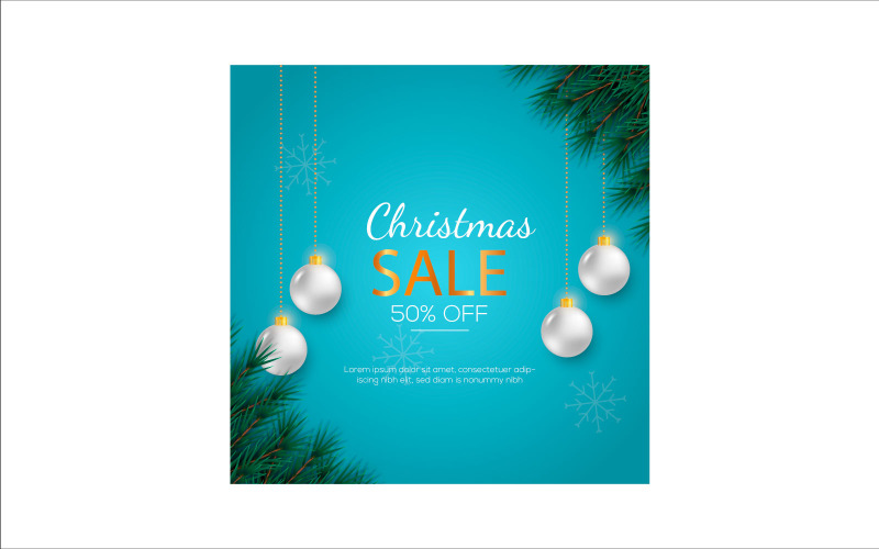 Merry Christmas sale post social media post decoration with pine branch and ball Illustration
