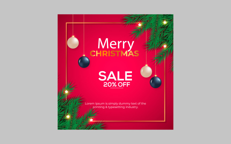Merry Christmas sale post social media post decoration with pine branch and balls design Illustration