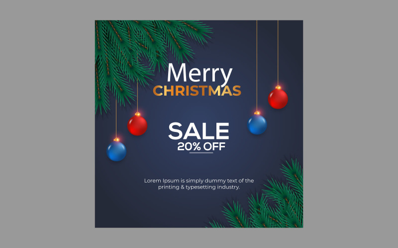 Merry Christmas sale post social media post decoration with pine branch and balls Illustration
