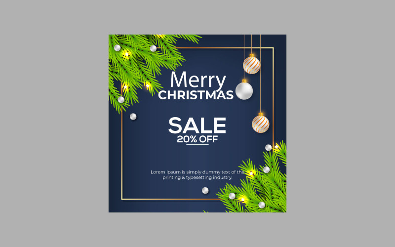 Merry Christmas sale post social media post decoration with pine branches and balls Illustration