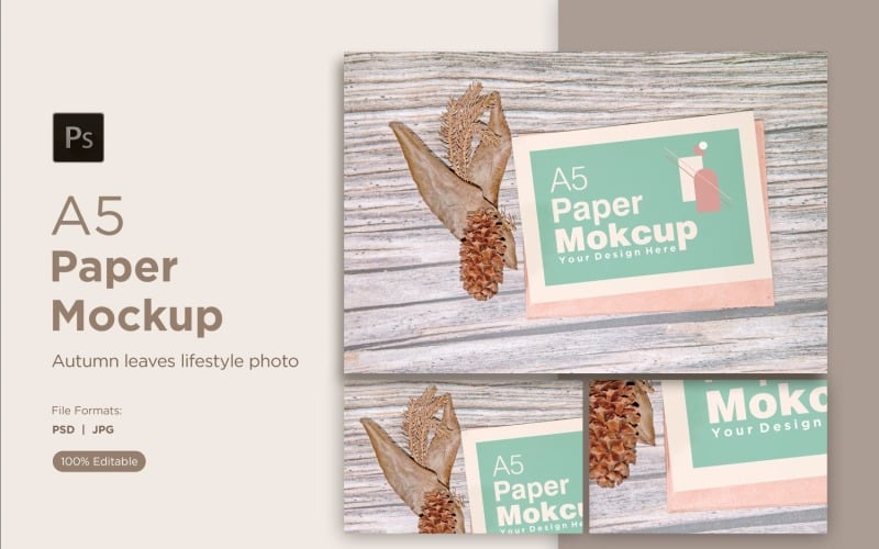 A5 paper greeting card mockup on wooden background Product Mockup