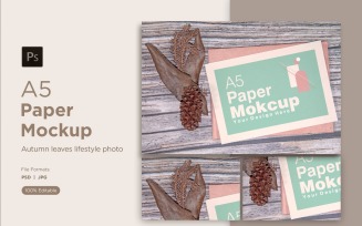 A5 paper mockup greeting card mockup on wooden background