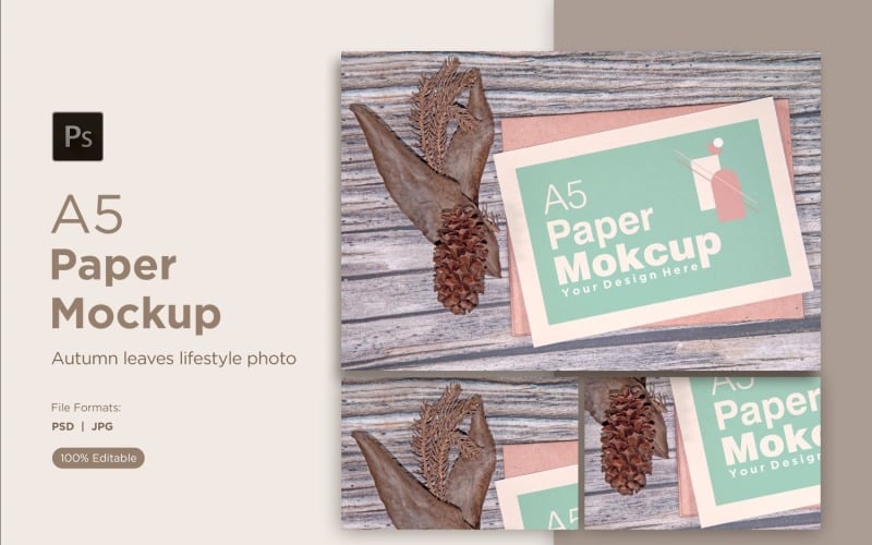 A5 paper mockup greeting card mockup on wooden background Product Mockup