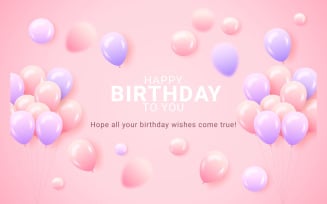 Birthday greeting vector template design. Happy birthday text with pink and purple balloon