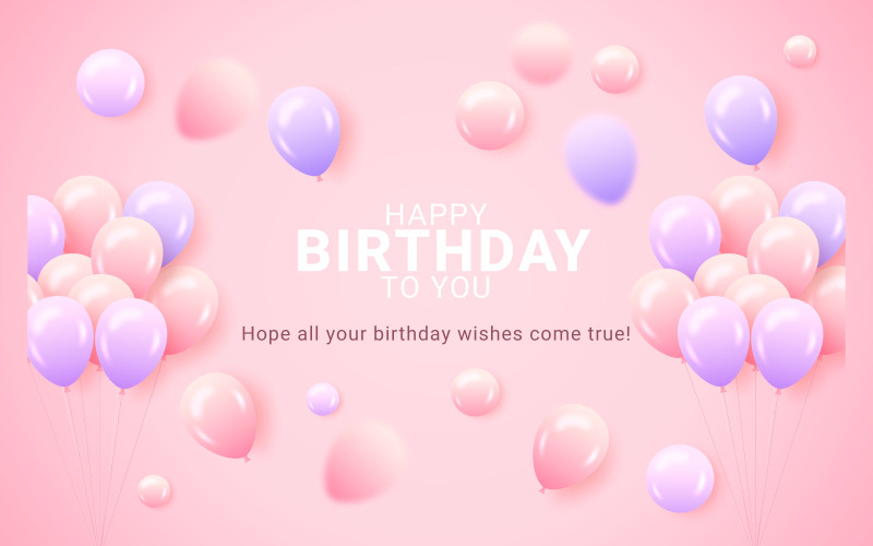 Birthday greeting vector template design. Happy birthday text with pink and purple balloon Illustration