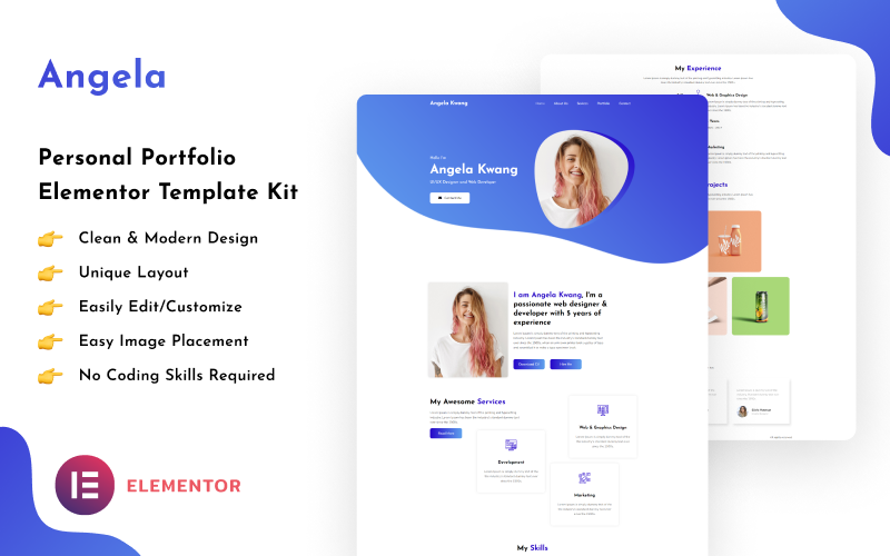 Angela - Personal Portfolio Elementor Template Kit Elementor Kit