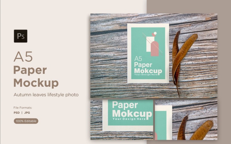 A5 paper greeting card mockup with mimosa tree seed on wood background Product Mockup