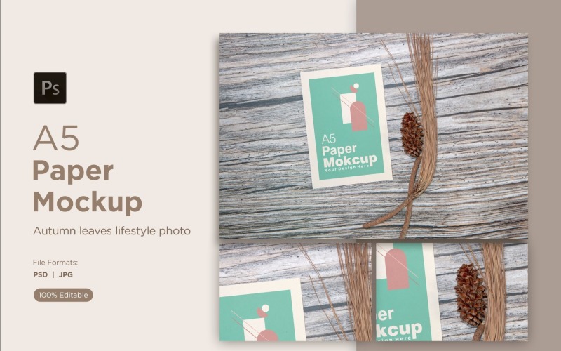 A5 paper greeting card mockup with pinus leaves and pinus jeffreyi cone on wooden background Product Mockup