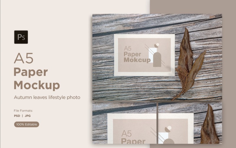 A5 Paper Mockups With Dry Leaves and pinus leaves on Wooden background Product Mockup