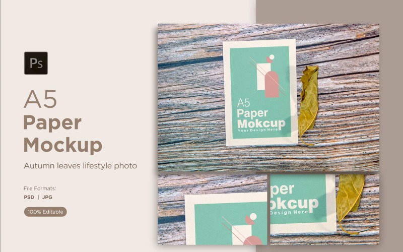A5 Paper Mockups With Green Leaves On Wood Background Product Mockup