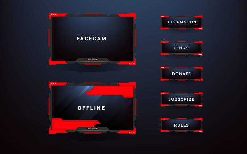 Twitch stream overlay package including facecam overlay, offline, starting soon, twitch panel vector Illustration