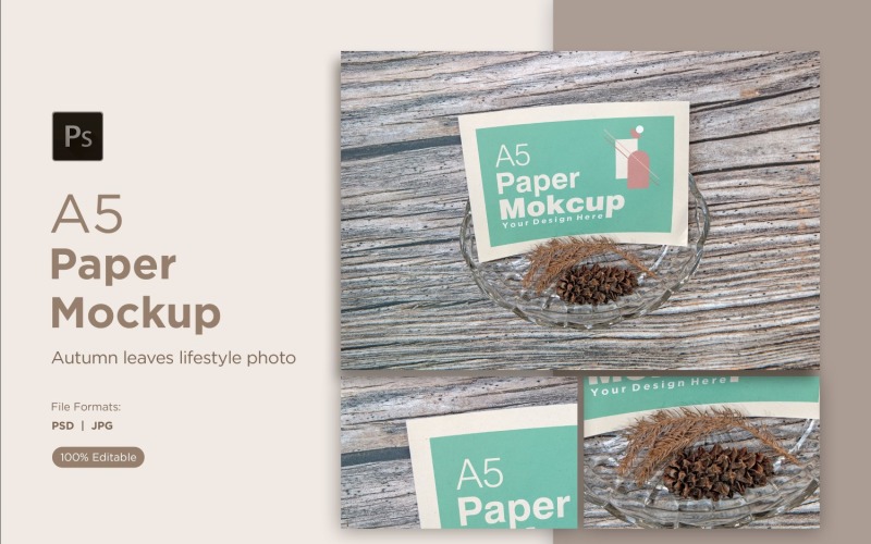 A5 Paper mockup With craftel bowl and Conifer cone on Wooden Background Product Mockup