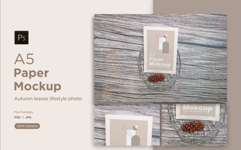 A5 Paper Mockups With craftel bowl and Conifer cone on Wooden background Product Mockup