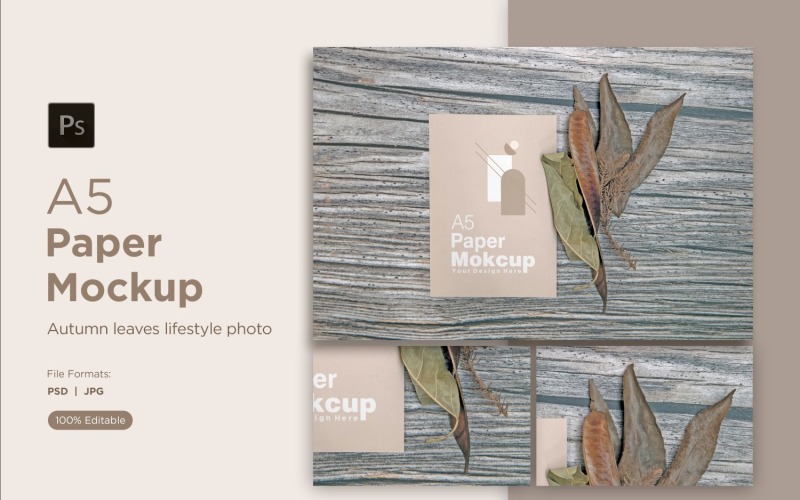 A5 Paper Mockups With Green Leaves and Autumn Themes on Wooden background Product Mockup