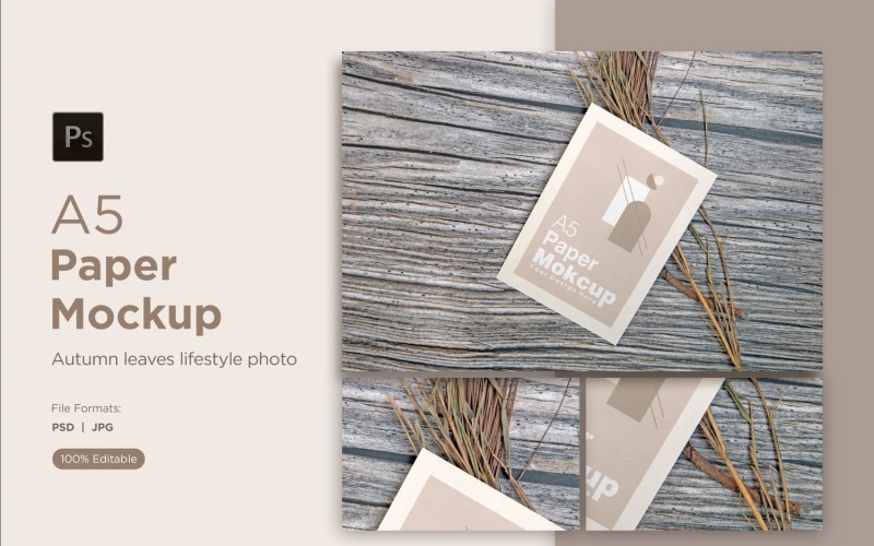 A5 Paper Mockups With pinus leaves and Autumn Themes Product Mockup