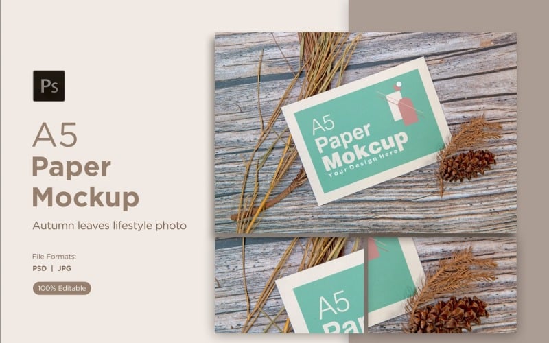 A5 Paper Mockups With pinus leaves and Conifer cone and Autumn Themes Product Mockup