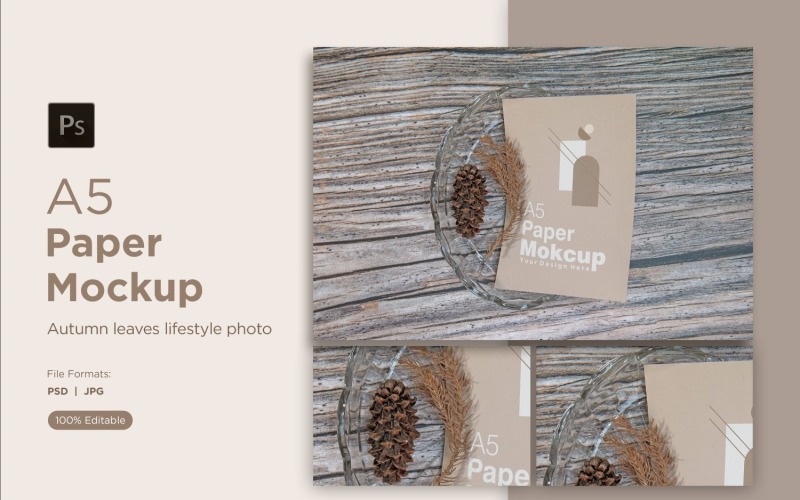 A5 Paper Mockups With pinus leaves and Conifer cone and craftel bowl on Wooden background Product Mockup