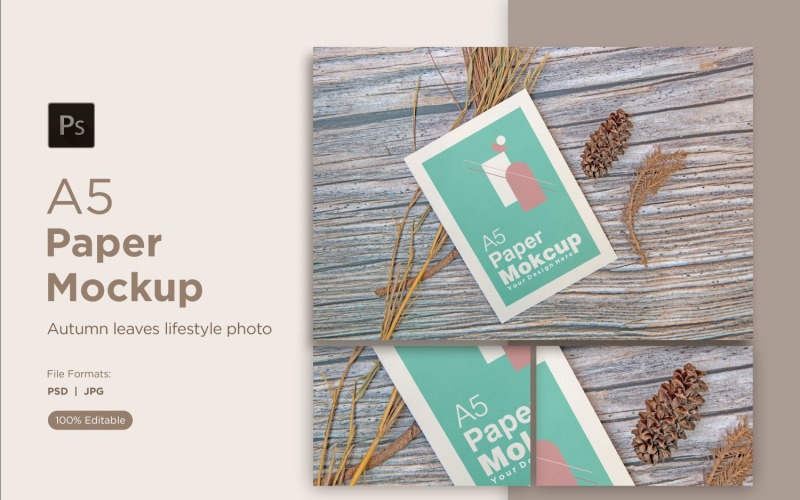 A5 Paper Mockups With pinus leaves and Conifer cone on Wooden background Product Mockup