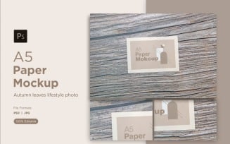 A5 paper greeting card mockup on wood background
