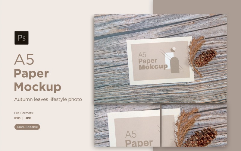 A5 paper greeting card mockup with pinus leaves and Conifer cone on wooden background Product Mockup