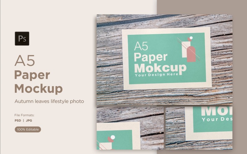 A5 paper mockup on wooden background Product Mockup