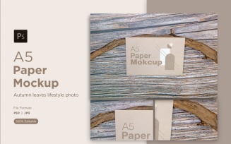 A5 paper greeting card mockup with wood on wooden background