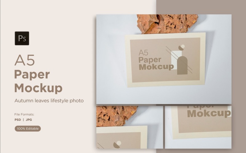 A5 Paper greeting card Mockups With Brown stones on whit background Product Mockup