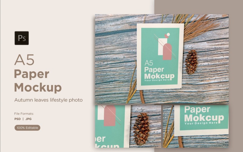 A5 paper mockup with pinus leaves and Conifer cone on wooden background Product Mockup