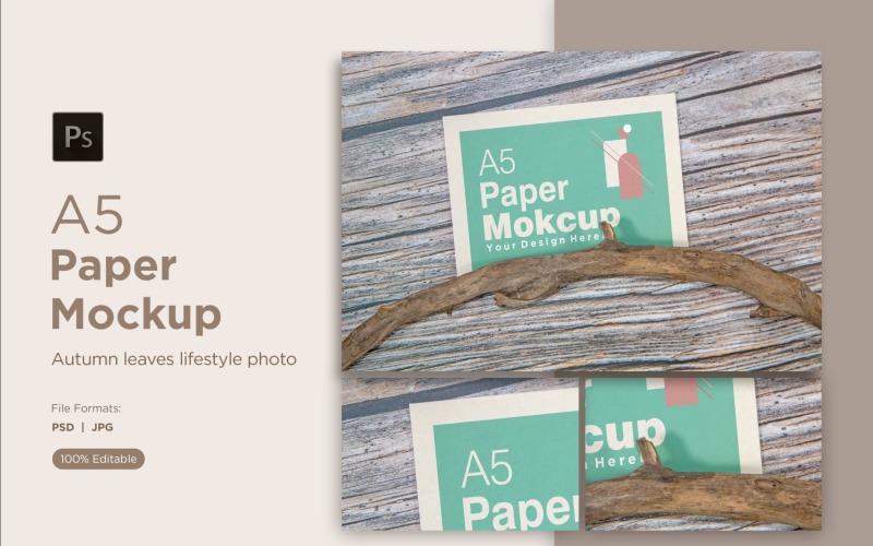 A5 Paper Mockups With autumn themes and driftwood on Wooden background Product Mockup