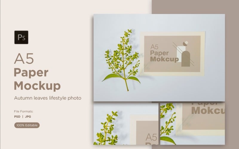 A5 Paper Mockups With Green Leaves and White Background Product Mockup