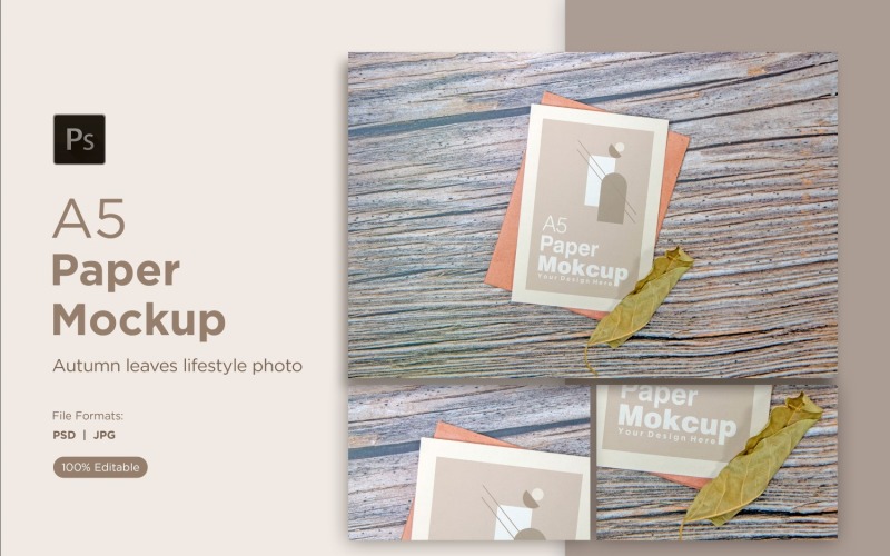 A5 Paper Mockups With Green Leaves on Wooden background Product Mockup