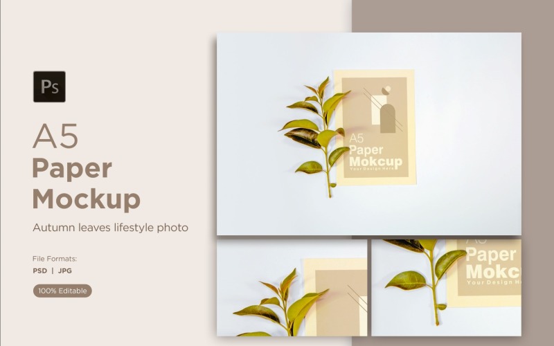 A5 Paper Mockups With orange plant dry leaves and White Background Product Mockup