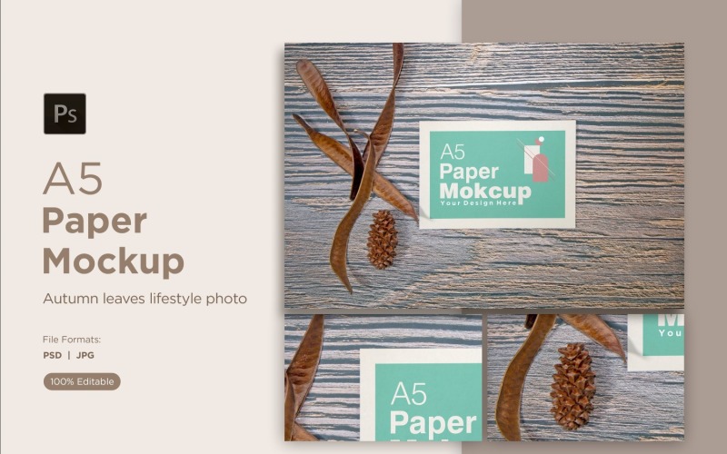 A5 paper greeting card mockup with Conifer cone and mimosa tree seed on wooden background Product Mockup