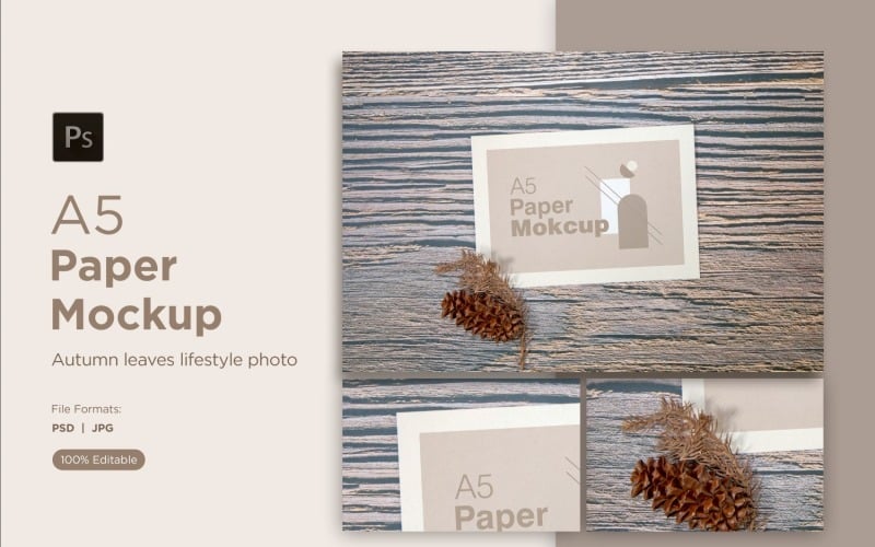 A5 paper greeting card mockup with Conifer cone and pinus leaves on wooden background Product Mockup