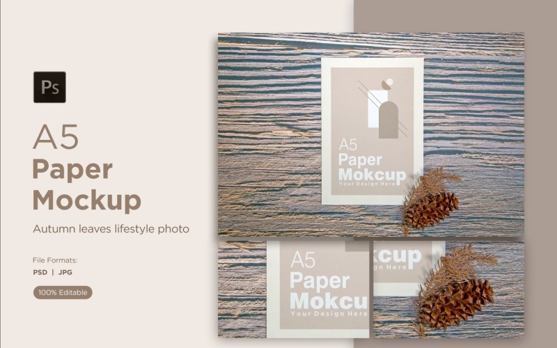 A5 paper greeting card mockup with pinus leaves and Conifer cone with autumn themes Product Mockup