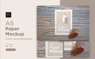 A5 paper greeting card mockup with pinus leaves and Conifer cone with autumn themes