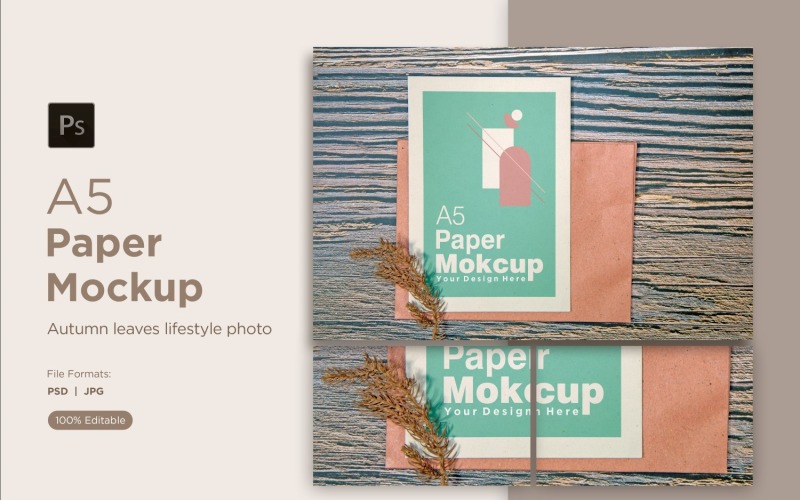 A5 paper greeting card mockup with pinus leaves on wooden background Product Mockup