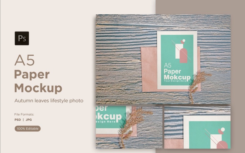 A5 paper greeting card mockup with pinus leaves with autumn themes Product Mockup
