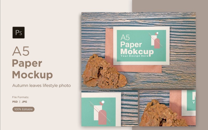 A5 Paper greeting card Mockups With Brown stones on wooden background Product Mockup