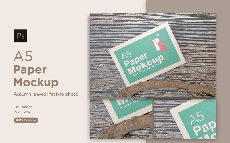 A5 Paper greeting card Mockups With driftwood on Wooden background Product Mockup