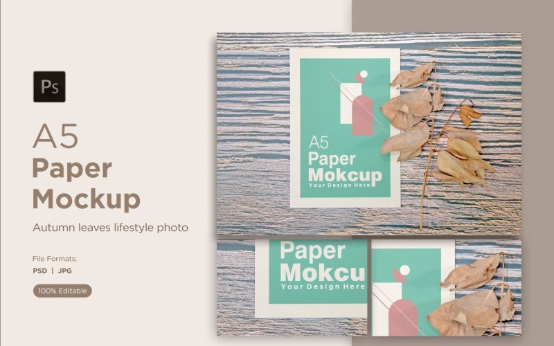 A5 Paper greeting card Mockups With Dry Leaves and Autumn Themes Product Mockup