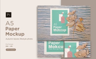 A5 Paper greeting card Mockups With Dry Leaves and Autumn Themes